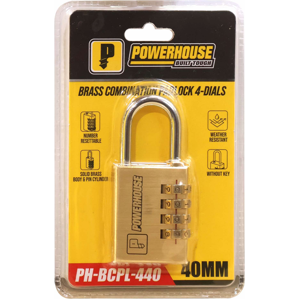 Powerhouse PH-BCPL-440 Brass Combination Padlock 4-Dials (40mm) | Powerhouse by KHM Megatools Corp. Powerhouse PH-BCPL-440 Brass Combination Padlock 4-Dials (40mm) | Powerhouse by KHM Megatools Corp.